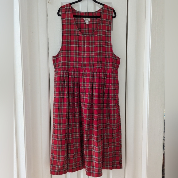 VTG Red & Black Plaid Sleeveless Overall Maxi Dress 16 plus - Picture 1 of 9